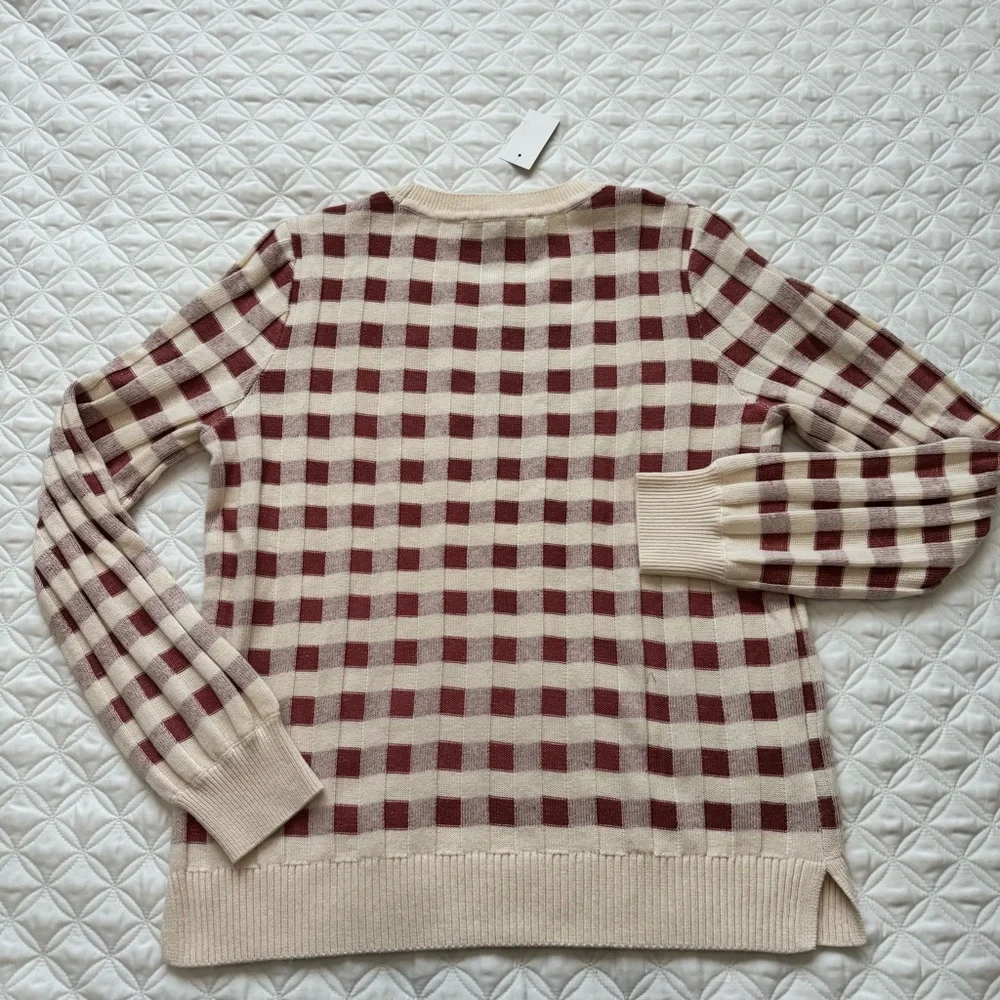 NWT LOFT Gingham Crewneck Pullover Long Sleeve Sweater Beige Rust - Size M - Picture 11 of 12